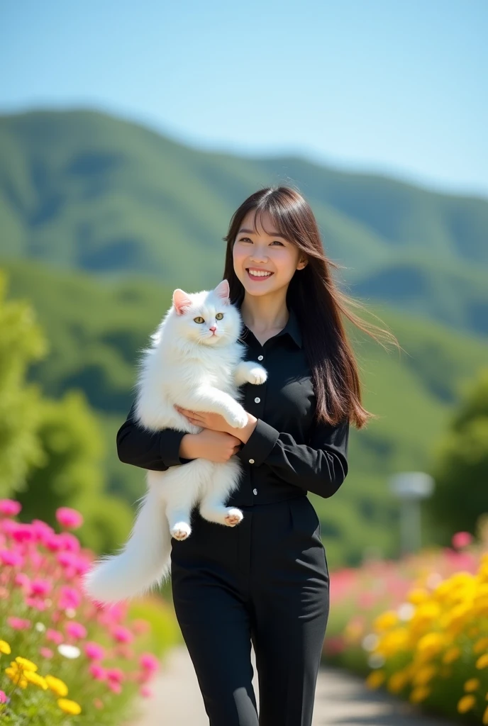 a Korean woman wearing a black shirt, trousers. 20 years. was walking holding a white Persian cat while looking straight ahead with a smile. You can see the cat garden and flower hill, garden background, blue sky, photo studio