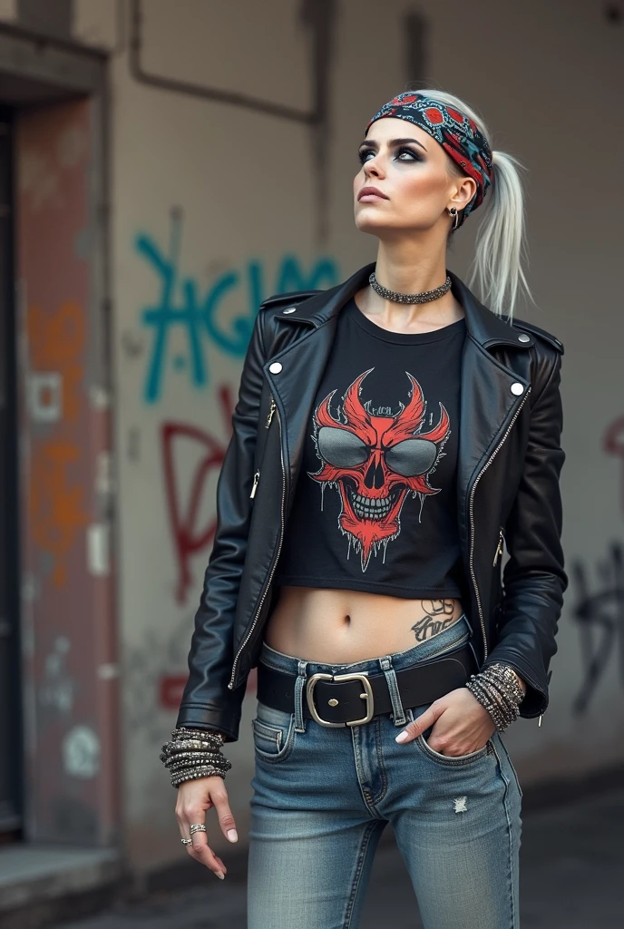 russian milf woman, biker gang member, grey hair, shaved hair, and bandana headband, with very light blue eyes, extremely pale, heavy eye shadows. Thin. Sad face, smeared excessive make up and lipstick Wearing black moto jacket, cropped t-shirt with devil logo, skinny blue jeans and white tennis sneakers . Lots of metallic bracelets. Tacky leather belt with oversized, excessive silver buckle. Hands in her pockets. Wide loop earrings. Looks up like talking to God, mouth and eyes open. Bites her lip