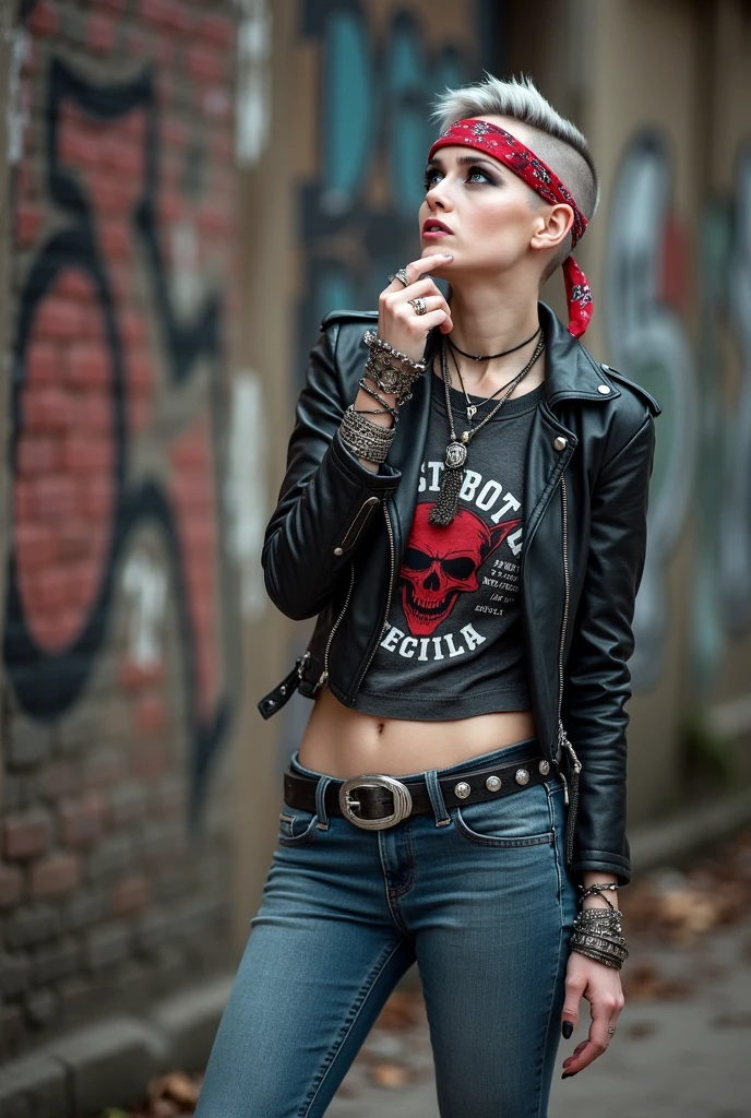 russian milf woman, biker gang member, grey hair, shaved hair, and bandana headband, with very light blue eyes, extremely pale, heavy eye shadows. Thin. Sad face, smeared excessive make up and lipstick Wearing black moto jacket, cropped t-shirt with devil logo, skinny blue jeans and white tennis sneakers . Lots of metallic bracelets. Tacky leather belt with oversized, excessive silver buckle. Hands in her pockets. Wide loop earrings. Looks up like talking to God, mouth and eyes open. Bites her lip