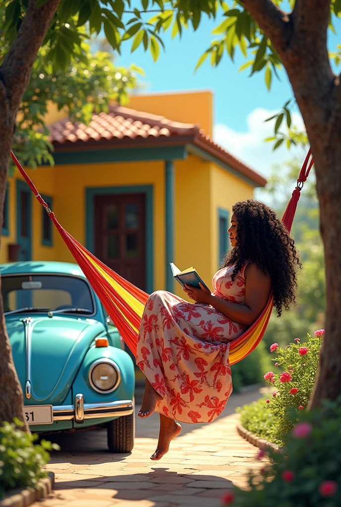 A slightly overweight Brazilian woman with long curly hair in a long floral dress in a hammock reading a book in front of her simple yellow house, with a light blue Beetle and a flower garden 
