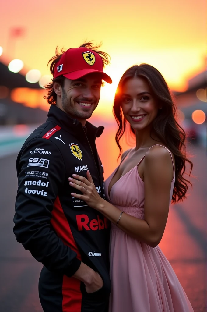 Create an image of driver Charles Leclerc and actress Maia Raficco side by side as a couple.