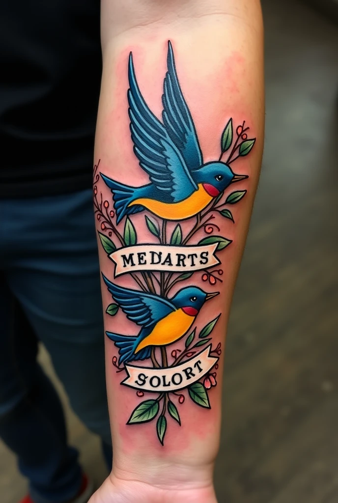 Tattoo american traditional style.
Two swallows transporting a banner with text.
One swallow near the shoulder.
One swallow near the pulse.
Banner rapping around the arm.