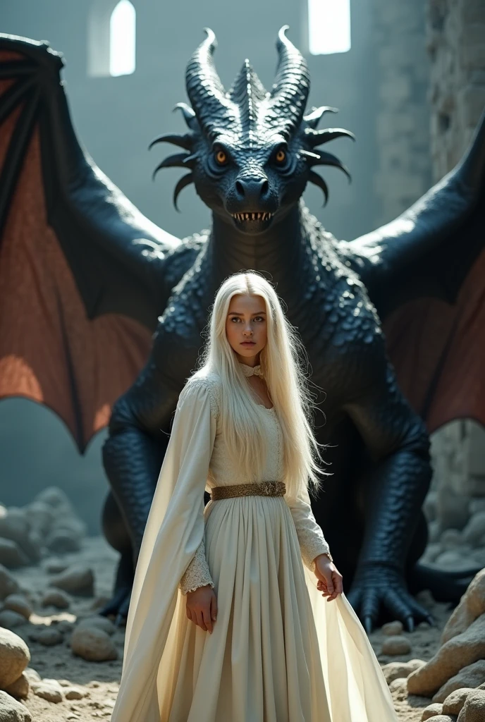 ((best qualityer)),((realisitic)), color film 35mm, medieval fiction, directed by Peter Jackson, targaryen, with simple clothes, long hair, offwhite, smooth ass, Purple eyes, being protected by Adult Dragon Drogon, amidst the ruins, flickering light, scenic: 0.5 AND Hyperrealisitic.