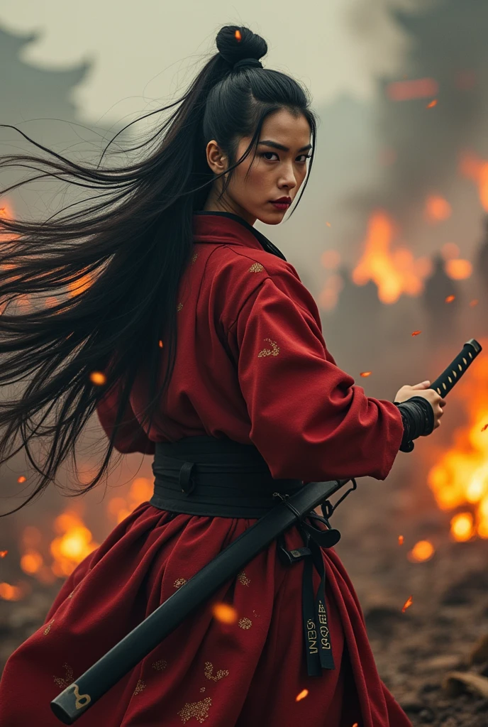 Japan Female Samurai、Female warriors of the Sengoku period、not wearing a helmet、Scene of fierce fighting、There are many people fighting around、Flames are rising all around、Sense of presence。Real、Genuine、26 age、Black Hair. make up, red lips, big breasts