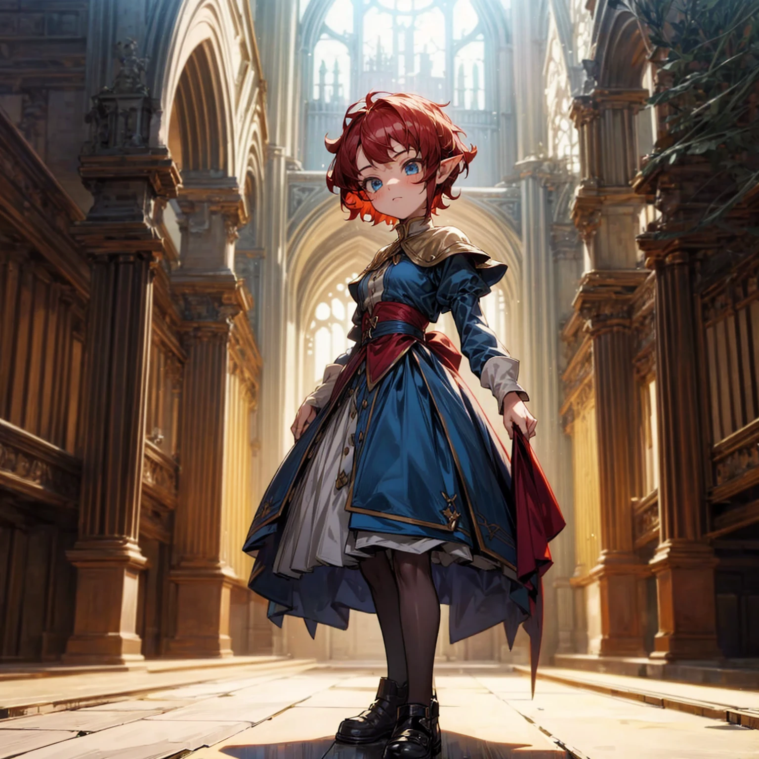 Solo character, full body version, kid girl, (elf), blue eyes, red color hair, short Curly haircut, His hair covered his eyes, dress princess outfit, , indoor, library, Castle, medieval, detailed background, detailed clothing, detailed hair, standing gesture, (Hunter x Hunter style art), medium breast