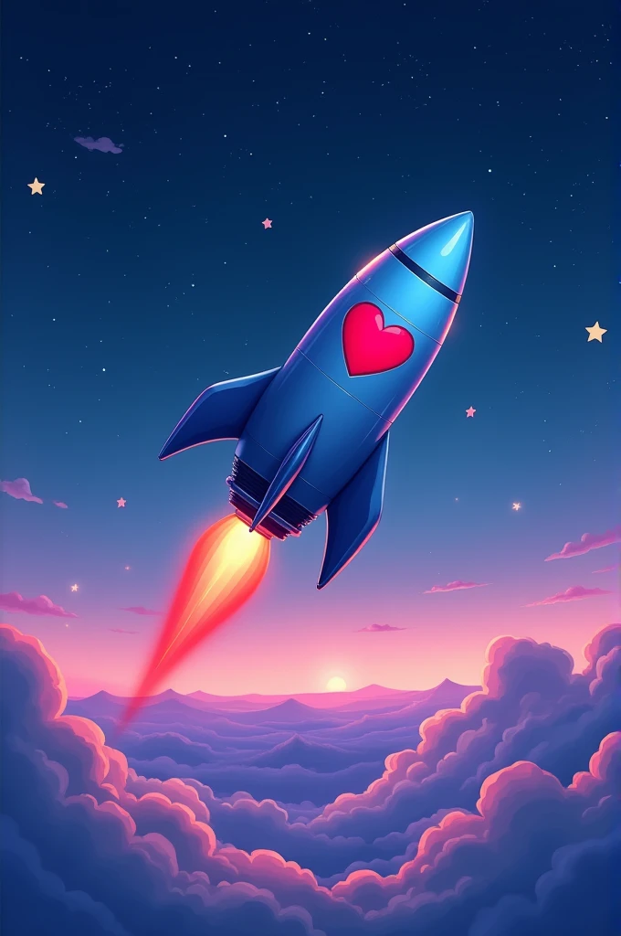 A blue rocket with red and a blue heart