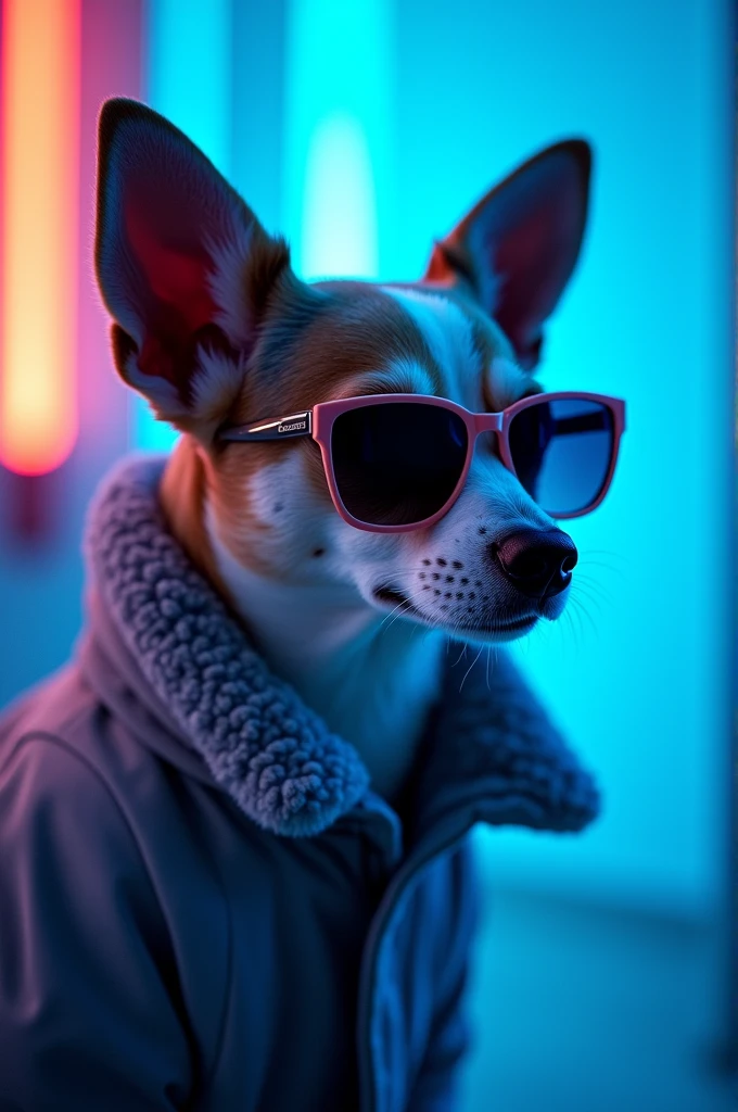 The best cell phone wallpaper, Award-Winning Wallpaper, portrait photography, In the front view is a portrait of a cute dog wearing mid-1960s space age fashion, Side view photo, Shot with Canon EOS R5, Set a strong contrast that accentuates the subject, Fluorescent blue tone, Wearing a very modern coat and sunglasses is a modern 1960s style, Clothes all in one color, beautiful background
