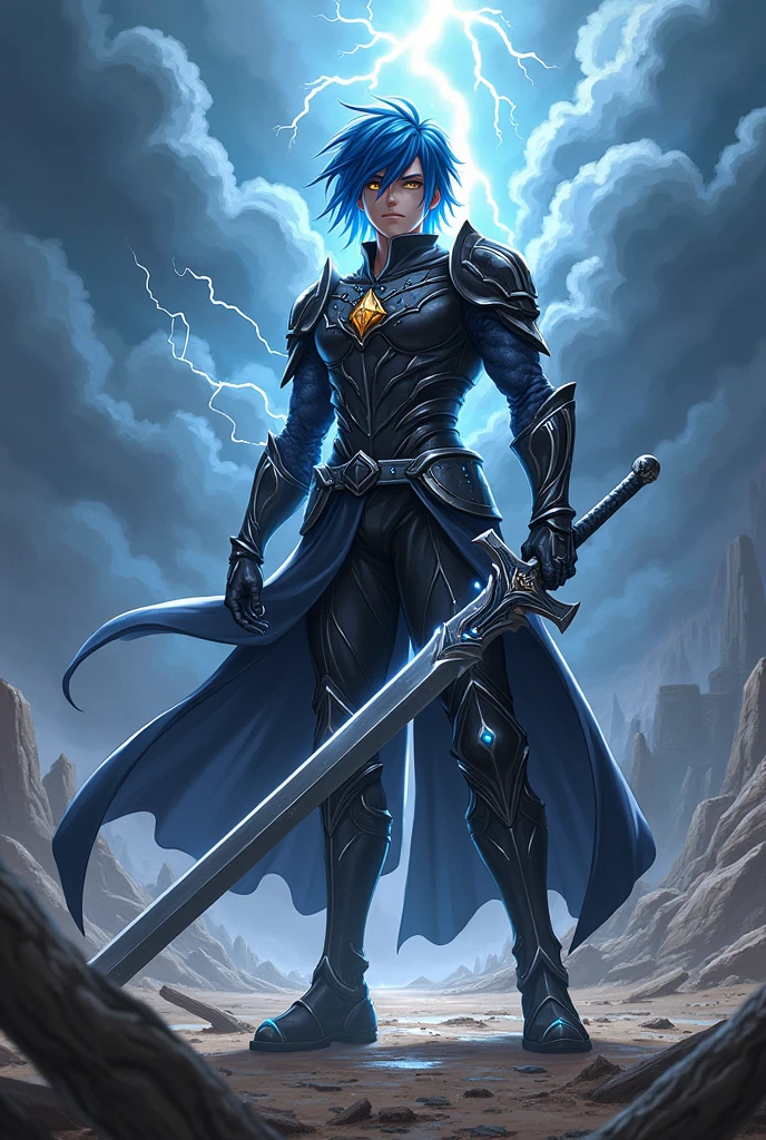 Anime young man with greatsword blue hair golden eyes and black armor