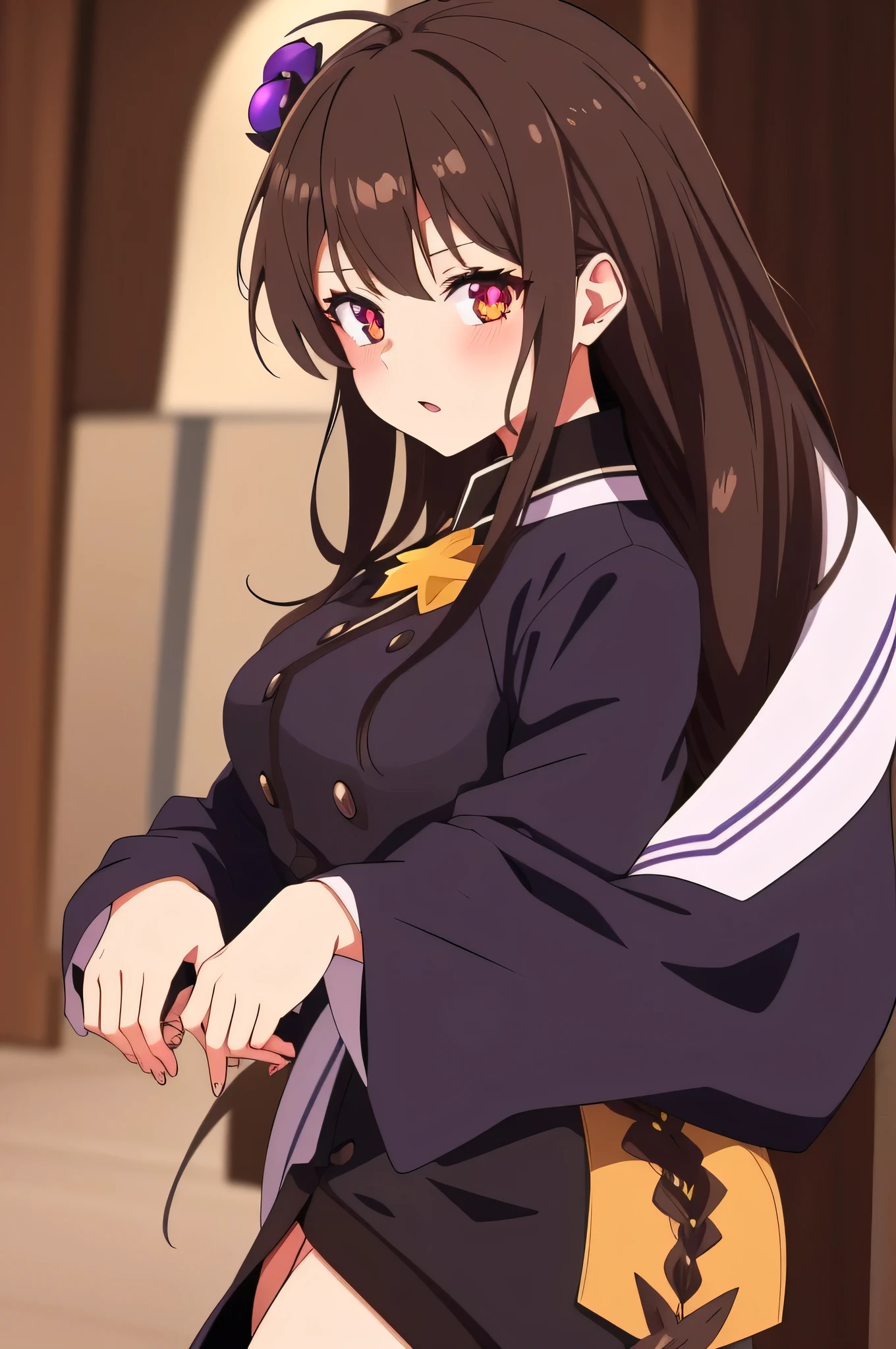 all intricate details, full body, a female anime anime character with large expressive eyes and black hair in a dark purple outfit, 1girl view, solo, virtual youtuber, ahoge, green eye, heterochromia, brown eye, open mouth, white background, breasts, simple background, braid, brown hair, upper body, hair ornament, looking at viewer, symbol-shaped pupils, star (symbol), blush, (wiz konosuba outfit),Wiz, brown hair, golden eyes, lich robes, purple lich robes, boots, hair over eye