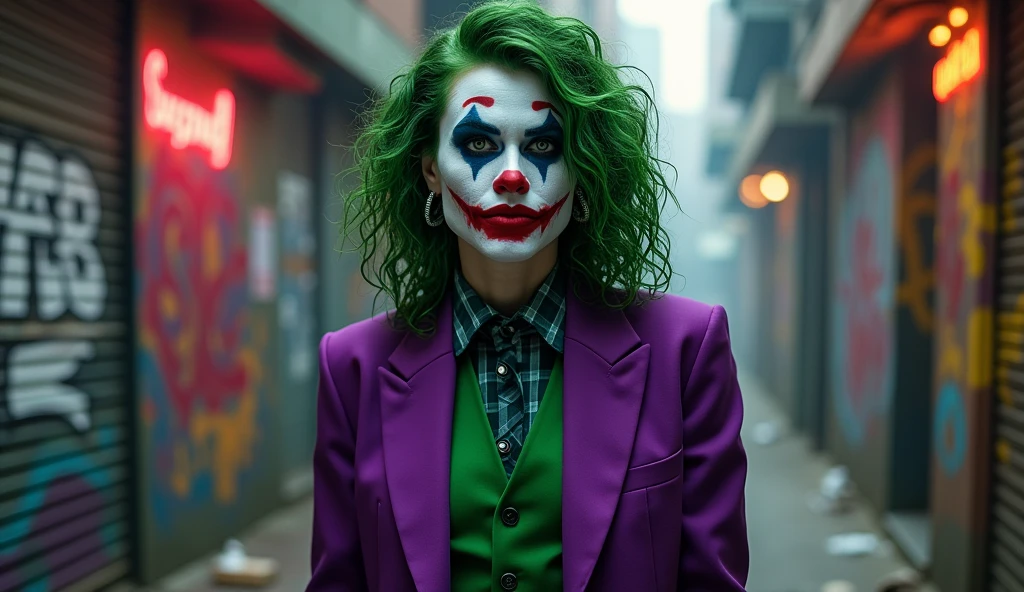 {
  "prompt": "A faithful female version of the iconic Joker from DC Comics, reimagined with striking beauty while retaining the character's signature look and chaotic energy. She has pale white skin, with vibrant green hair styled in messy, voluminous curls. Her makeup is bold, with dark, piercing eyes framed by heavy black eyeliner and a mischievous, twisted smile painted in deep red lipstick that extends slightly beyond the corners of her mouth. She is dressed in a sharp, tailored purple suit jacket with a green vest and matching tie, echoing the Joker's classic attire but with a feminine flair. Her posture is confident and slightly unhinged, embodying the perfect blend of elegance and madness, as if she’s always on the edge of chaos.",
  "size": "1024x1792"
}