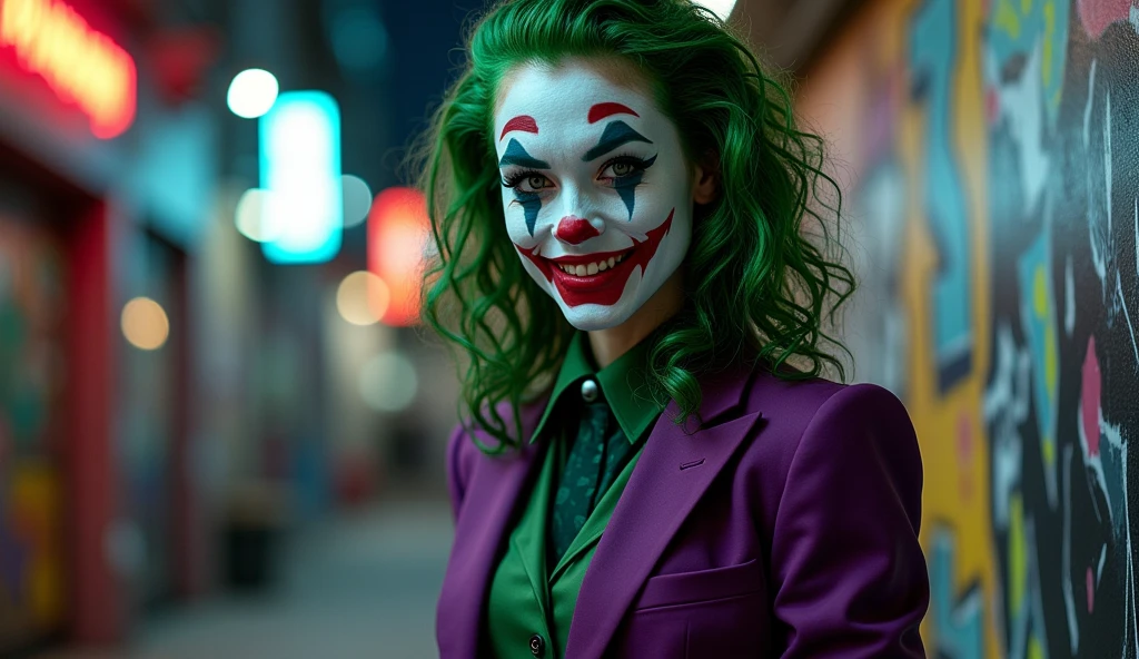 {
"prompt": "A faithful female version of the iconic Joker from DC Comics, reimagined with striking beauty while retaining the character's signature look and chaotic energy. She has pale white skin, with vibrant green hair styled in messy, voluminous curls. Her makeup is bold, with dark, piercing eyes framed by heavy black eyeliner and a mischievous, twisted smile painted in deep red lipstick that extends slightly beyond the corners of her mouth. She is dressed in a sharp, tailored purple suit jacket with a green vest and matching tie, echoing the Joker's classic attire but with a feminine flair. Her posture is confident and slightly unhinged, embodying the perfect blend of elegance and madness, as if she’s always on the edge of chaos.",
"size": "1024x1792"
}