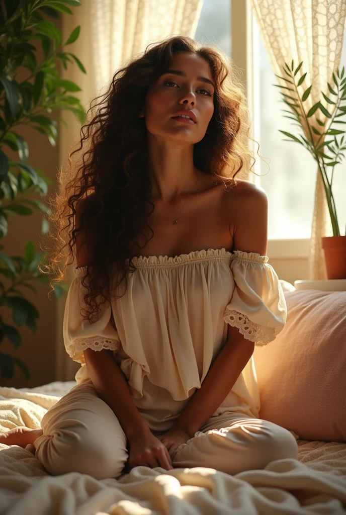 (photorealism:1.2), beautiful woman, sitting on bed, wearing loose off-shoulder top, pajama pants, long curly hair, indoors, soft lighting, plants in background, window with sunlight, cozy room, relaxed pose, realistic, intricate details, warm colors, by Greg Rutkowski, by Alphonse Mucha