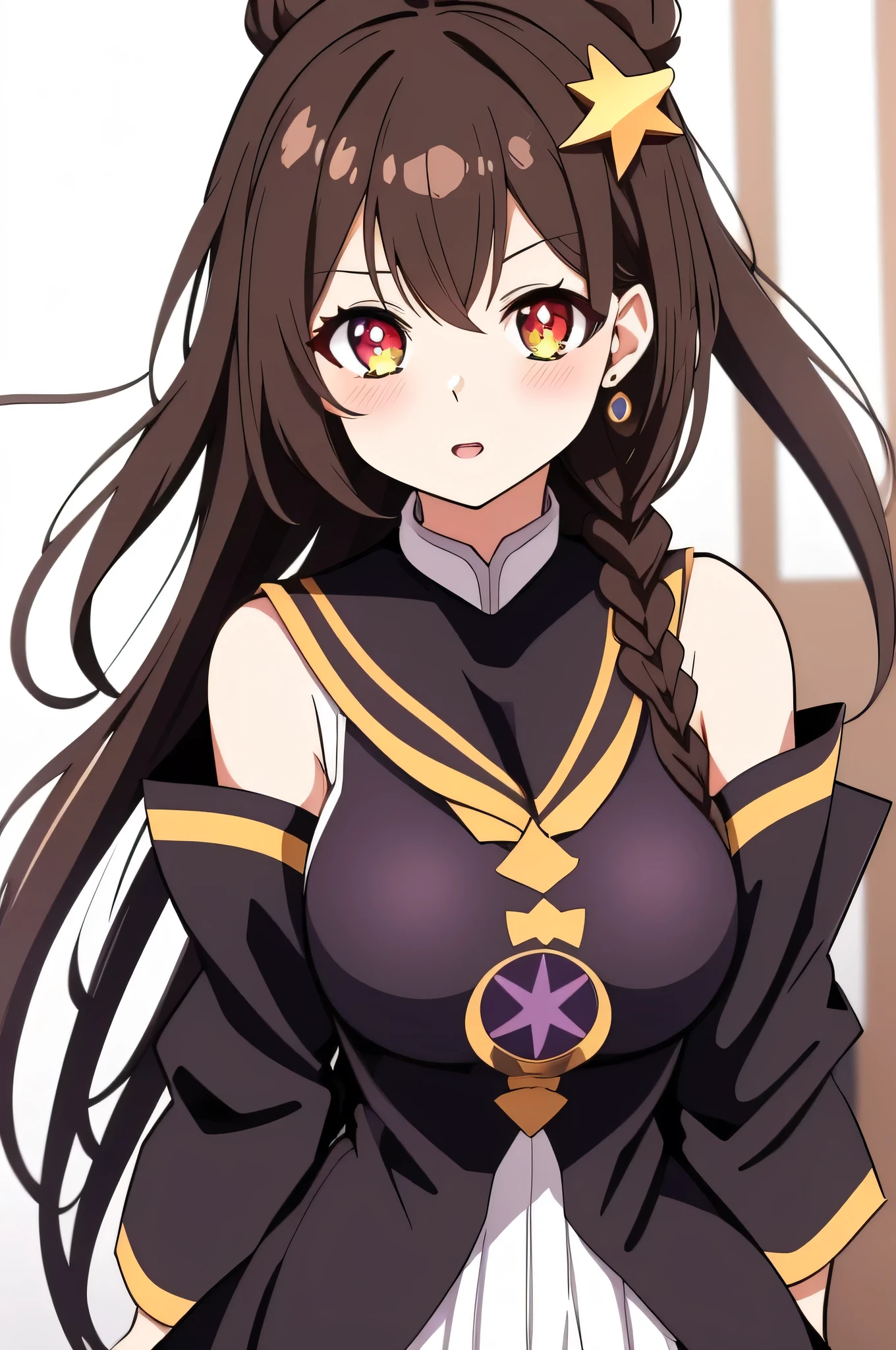 all intricate details, full body, a female anime anime character with large expressive eyes and black hair in a dark purple outfit, 1girl view, solo, virtual youtuber, ahoge, green eye, heterochromia, brown eye, open mouth, white background, breasts, simple background, braid, brown hair, upper body, hair ornament, looking at viewer, symbol-shaped pupils, star (symbol), blush, (wiz konosuba outfit),Wiz, brown hair, golden eyes, lich robes, purple lich robes, boots, hair over eye