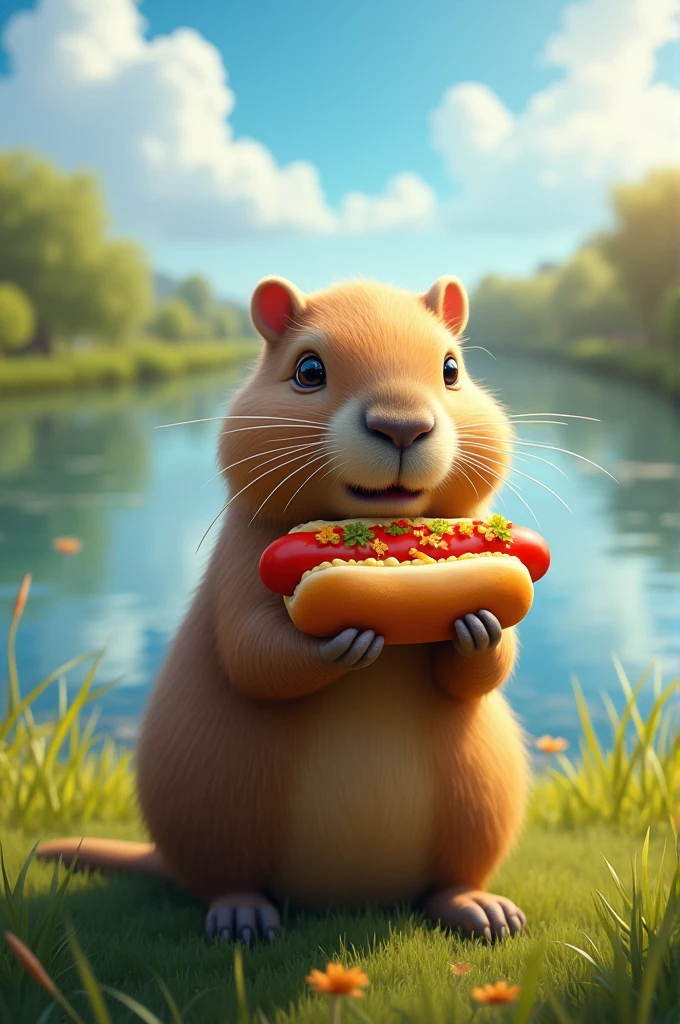 Kapibara eating hotdog