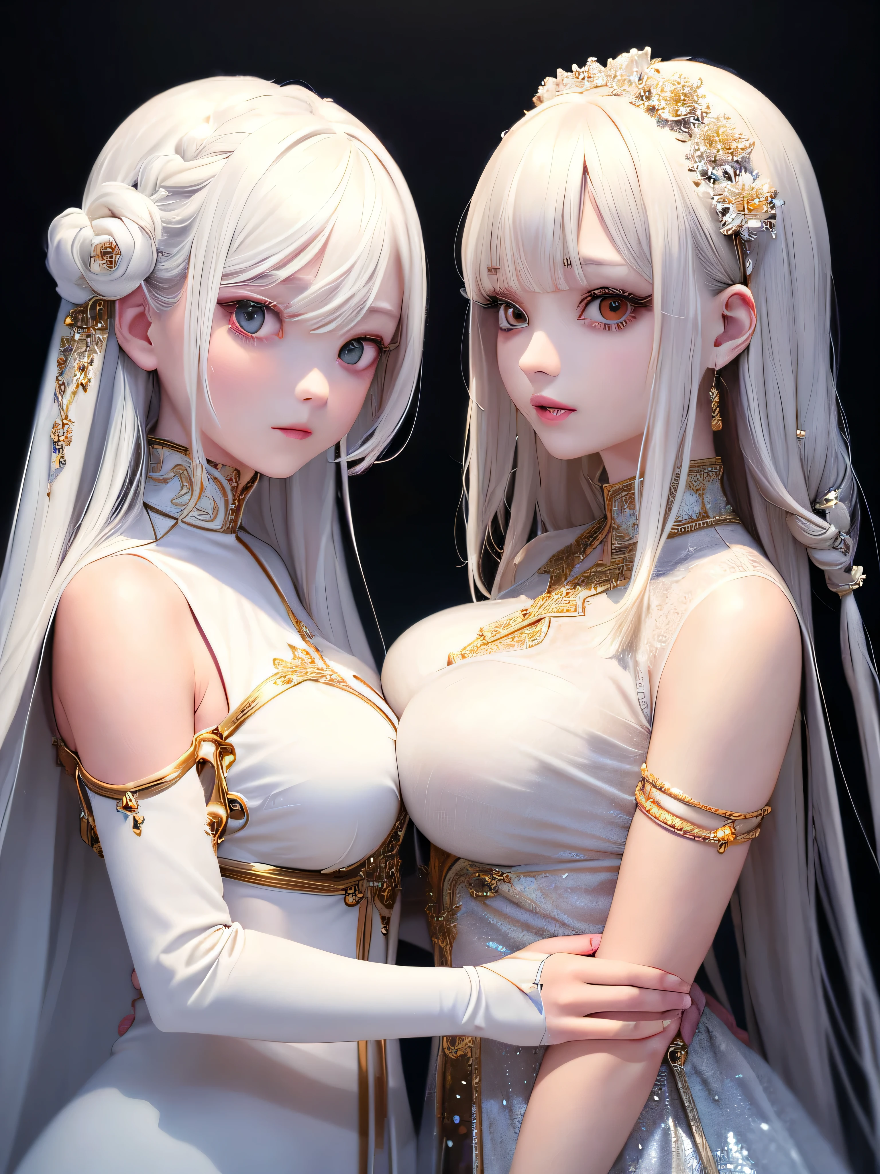 Highest quality、masterpiece、Gray Hair、Golden Eyes、White clothes、Respect、Upper body、hair、Fair skin、Side braid、White clothes, 2 girls, Beautiful breasts,