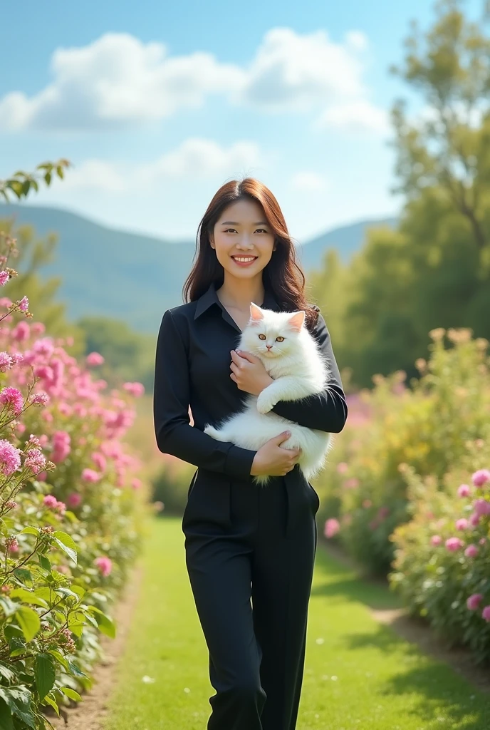 a Korean woman wearing a black shirt, trousers. 20 years.  was walking holding a white Persian cat while looking straight ahead with a smile. You can see the cat garden and flower hill, garden background, blue sky, photo studio