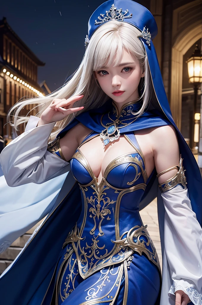 South korea asssassin walk women mystery hooded on with modern royal Blue coat with buttons and royal Blue cape and very high white heel over the knee and white gloves, As she reveals a small secret hidden blade, adding to the character’s mysterious and agile appearance, with small movements of air on the cape, in summer at night under the rain, with buildings featuring curved eaves and detailed architecture. The scene is set at night,leaving a body of an armored woman murdered , intricate detail, ultra detail, incredible detail, intricate detail, extremely detailed and intricate, super max, masterpiece, best quality, HDR, UHD, unreal engine. , beautiful face, Rich in details High quality, gorgeous, captivating, 8k, super detailed, stunning shadows, detailed lines