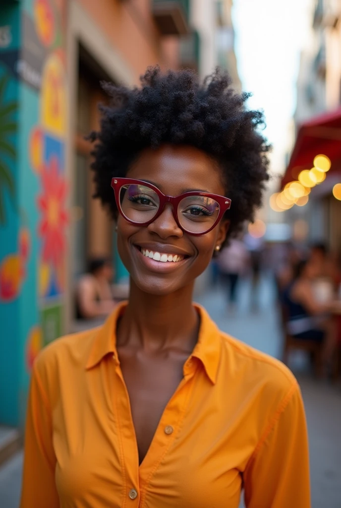 A black woman with a round nose and a round face, her eyes are somewhat thin with burgundy glasses, half red, and on the side, her hair is short and curly. Her lips are thin, not very pretty, and her face is very chubby.