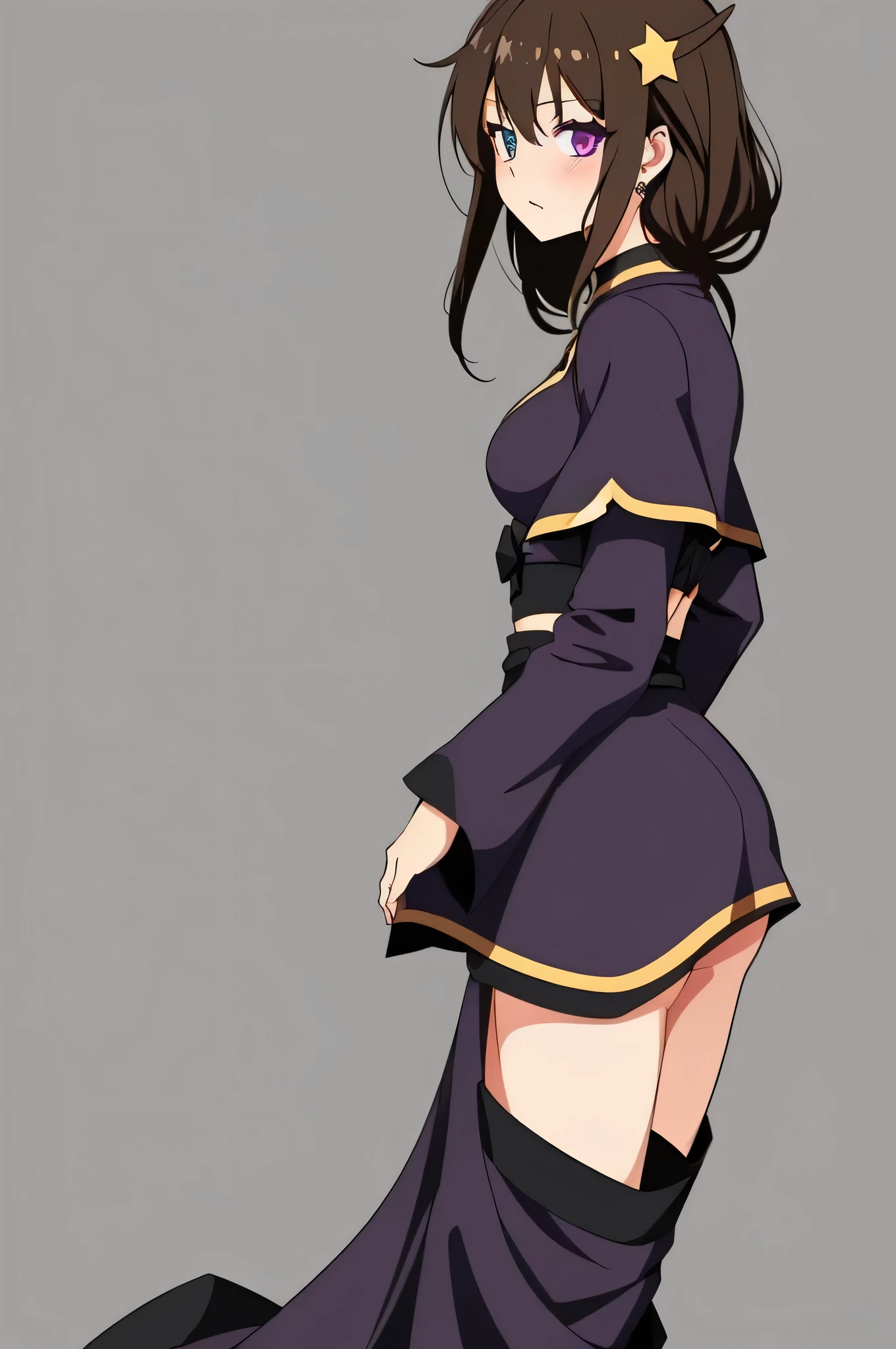 all intricate details, full body, a female anime anime character with large expressive eyes and black hair in a dark purple outfit, 1girl view, solo, virtual youtuber, ahoge, green eye, heterochromia, brown eye, open mouth, white background, breasts, simple background, braid, brown hair, upper body, hair ornament, looking at viewer, symbol-shaped pupils, star (symbol), blush, (wiz konosuba outfit),Wiz, brown hair, golden eyes, lich robes, purple lich robes, boots, hair over eye