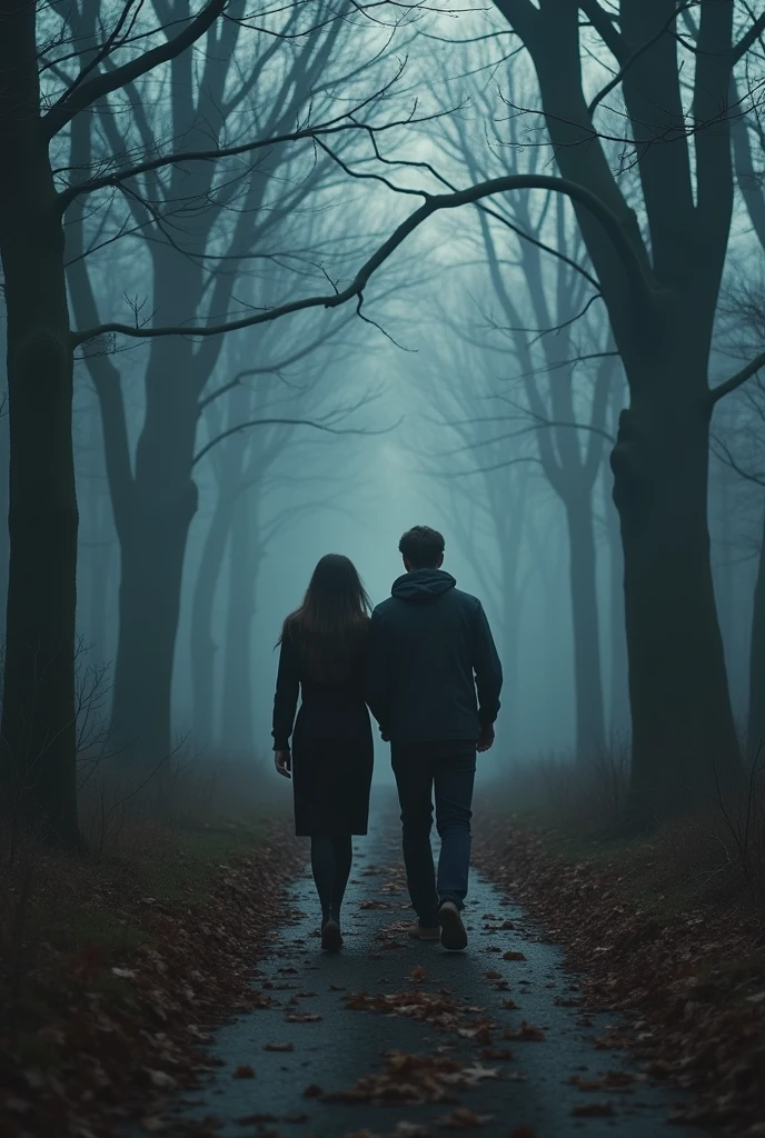 A married couple who are walking in the forest and have an argument, At the same time, the forest looks devoid of nature, reflecting the conflict of the young couple.