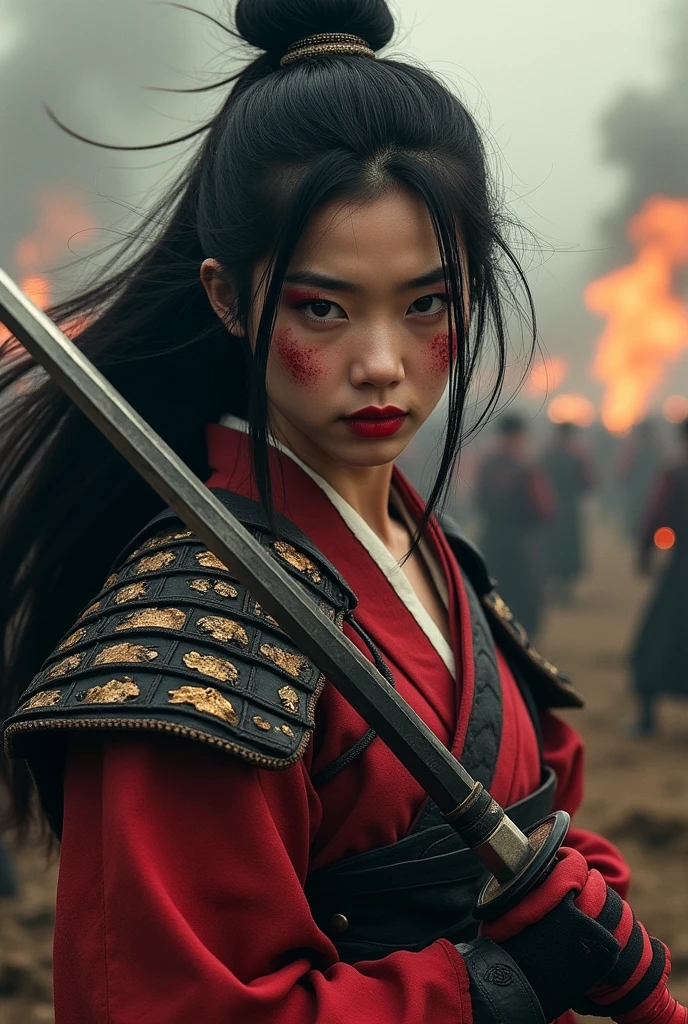 Japan Female Samurai、Female warriors of the Sengoku period、not wearing a helmet、Scene of fierce fighting、There are many people fighting around、Flames are rising all around、Sense of presence。Real、Genuine、26 age、Black Hair. make up, red lips.