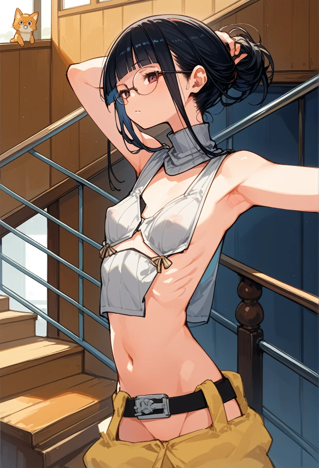 Revealing clothing,Focus on your audience,mischief,The sides of the upper body are completely exposed,側面が完全に空いているデザインのSleeveless turtleneck,Exposed from the sides to the chest,Protruding ribs,Exposing the waistline,Ultra low rise,Do not wear underwear、胸元が開いたデザインのSleeveless turtleneck,Exposed breasts、exposed flank,sexy,Flat Chest,Focus on your audience,very thin body,Anime Style,Slim figure,delicate,Glasses,Asian woman wearing a grey top posing on the stairs, Sleeveless turtleneck_baggy, 脇が完全に開いているSleeveless turtleneck_Relaxed back design,rib cage,Side bust,Shoulders are wide open,sexyなWearing a crop top, Photos of slim models, Chiho, T-Top, shikamimi, Wearing a crop top, Real anime, Kurohime cut hair, Chassis, 2 4-year-old female model