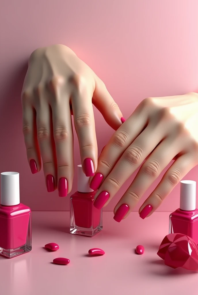 A logo related to manicures to be used as the brand of a beauty salon called "Vani's Beauty Studio " with fingers showing on each hand with the same color nail polish. 3D design sketch. Featuring an image of nail polish bottles.. Nails appearing.
