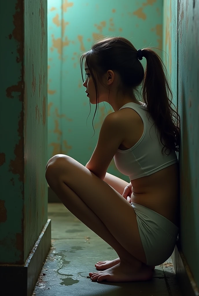 (A girl) (peeing & pooping, urgently) Hiding behind alley)(Realistic) (peeing and pooping in a corner of an alleyway) (she pulls down underwear and pants to the floor) (squatting down) (pee stains) ( peeing dripping)