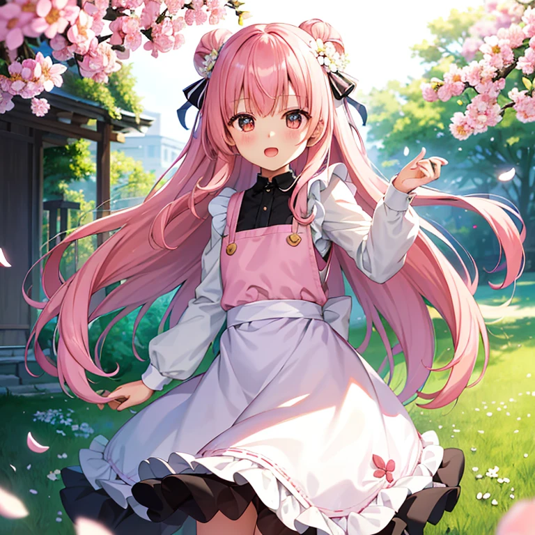 One Girl, solo, Nakano Nino, Pink Hair, Butterfly Hair Ornament, (White apron), Cafe Background, (blush:1.3), beautiful、(Floral、Lots of small white petals:1.3)、garden、Blue sky、Looking at the audience、Narrow waist、Official Art、Raw photo、Unbelievably ridiculous、Face Light、Dynamic Lighting、Cinema lighting、Surreal、High resolution、picture、Sharp focus、highestdetailedd、ighly detailedd、detailed、Highly detailedd eyes and face Highly detailedd art germ、Azur Lane Style、細かくdetailedに。Girls&#39; Frontline、Hestia、From Girls Frontline、Naked cute anime wife、Kushat Klentsky Art Feminine、Popular on Art Station Pixiv