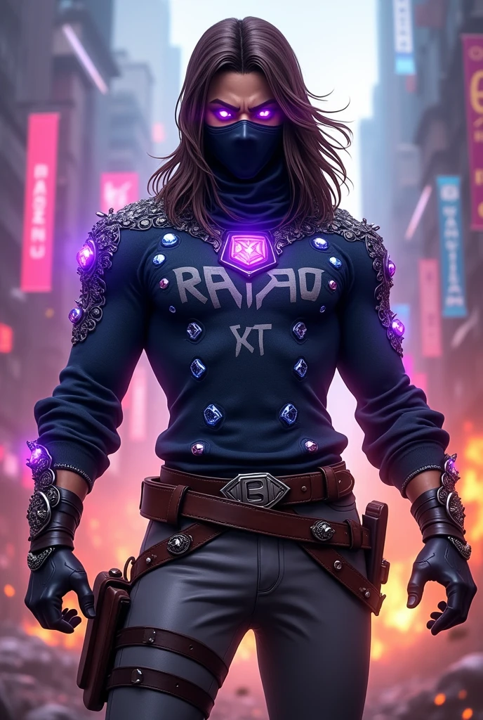 A male character from Free Fire, with long brown hair, with a black mask covering only the mouth, and a closed long-sleeved shirt with bright blue stones, Written, RARO XT, small chest, with purple aura coming out of the eyes, wearing gray pants and a brown belt