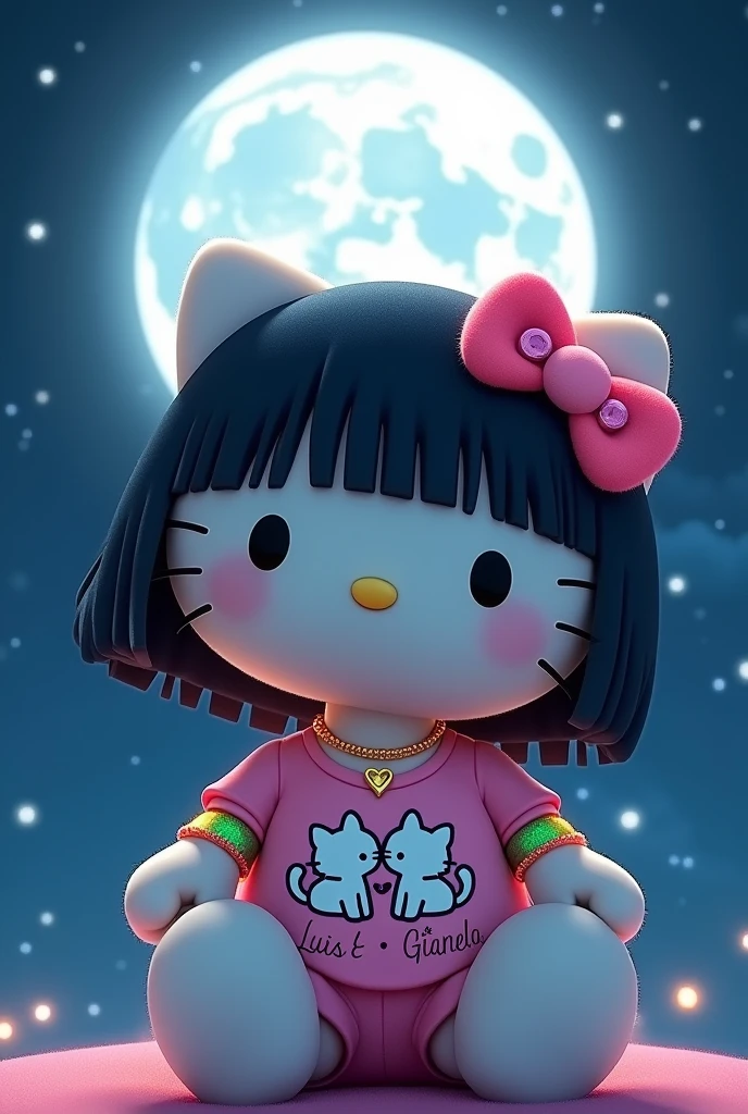 Hello Kitty with black hair and a centered hairstyle, a pink bow, a shirt with two kissing cats with the initials Luis and Gianela, sitting and she is watching the full moon, she has shorts and bracelets, and a heart-shaped necklace.