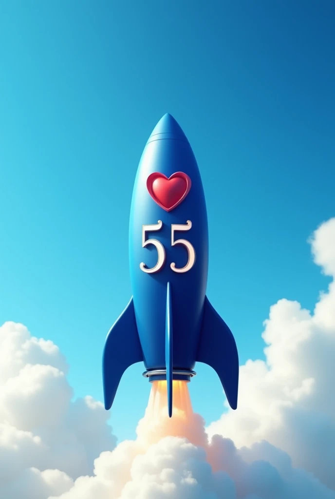 A blue rocket with red and a blue heart with the number 55 inside the heart 