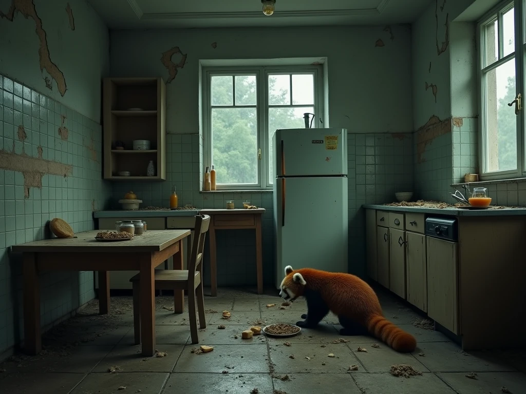 A photo of an abandoned Soviet kitchen. At night, rain and thick fog outside the window. Through the fog you can see tall Soviet panel houses, immersed in darkness. In the center of the photo - an abandoned kitchen. On the floor lie remnants of old linoleum, torn in several places, underneath it you can see the floorboards, covered in a thick layer of dust. In the corner of the kitchen there is one bulky Soviet-era refrigerator with fogged-up glass., on the door - a rusty handle and a detached rubber seal. Next to the refrigerator - a dining group with a huge wooden table, covered in cracks, with stains and a thick layer of dust. On the table - an overturned plate with remnants of food, a glass with tea leaves at the bottom, stale bread. On the walls of the kitchen - remnants of Soviet tiles, in some places chipped and revealing black brickwork. Above the stove hangs a single unlit light bulb in a plastic shade, It doesn't burn, its glass is covered in dust. The cupboard doors are broken, behind them you can see a few empty shelves, covered in dust. Window - broken glass. Cold, damp air penetrates through cracks in the glass, but he can't drive away the fog, which filled the entire space of the kitchen. In the center of the room, in half, a red panda with bright red fur sits, but a little dusty and disheveled. She eats a piece of bread calmly., which holds in its paws, carefully biting off small pieces of it. Next to it are 2-3 more pieces of bread. There is a concentrated look on her face.. In the center of the room, on the ceiling, some peeling plaster. Colors: dark grey, brown, rusty, green, black, bright red. “Photorealistic” style, "gloomy", "abandoned", "Soviet". 