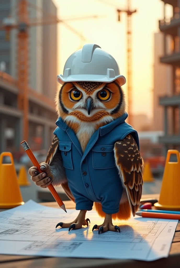 owl disguised as an engineer with a white helmet