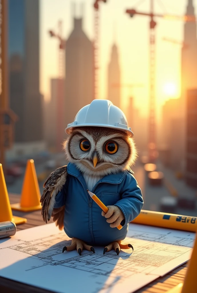owl disguised as an engineer with a white helmet