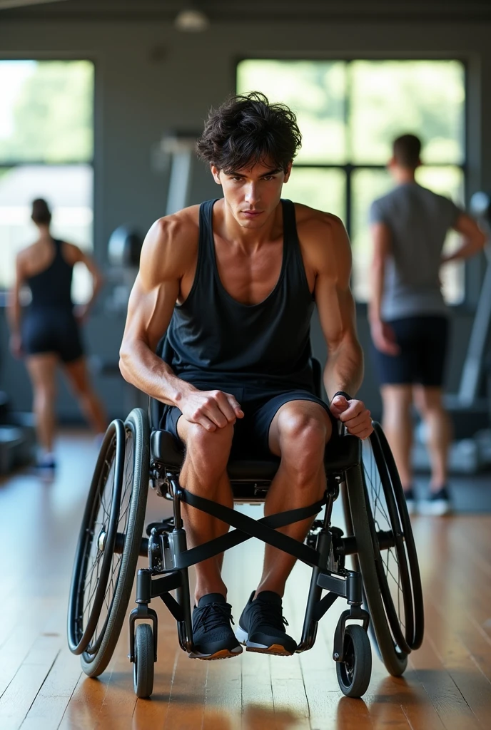 Young man in a wheelchair doing strength and core exercises, Image