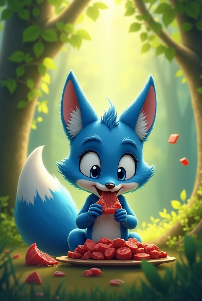 A boy man fox with blue fur, not so big fox ears and a blue fox tail eating meat.