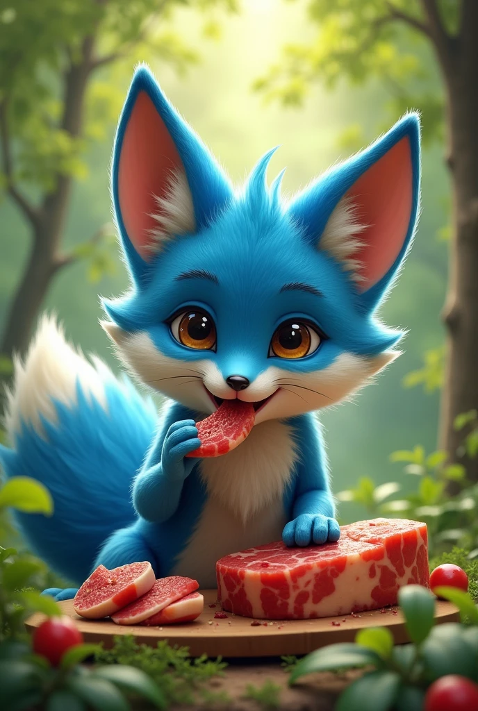 A boy man fox with blue fur, not so big fox ears and a blue fox tail eating meat.
