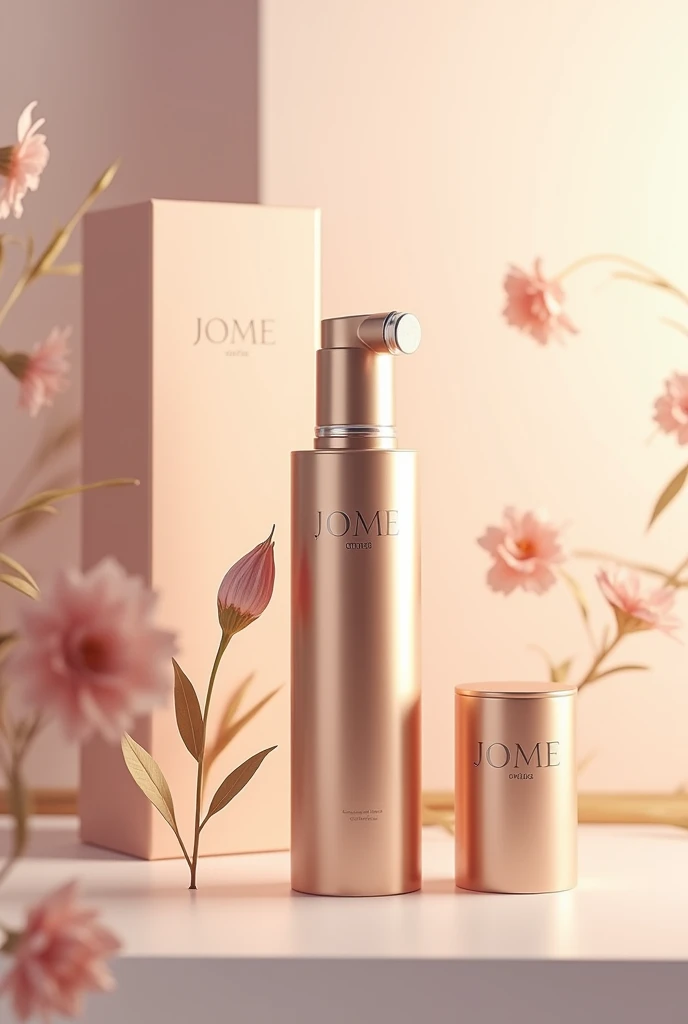 Model for a Hair Treatment Product for Damaged Hair, whose environmentally friendly packaging must be premium line in gold color, White and pink with push-type dosing valve with innovative design with the JOME brand name and its respective box