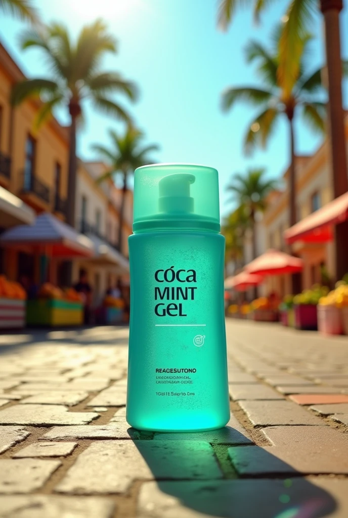 Cooling mint gel with sun protection that takes away the heat, with Spanish letters and a hot city atmosphere