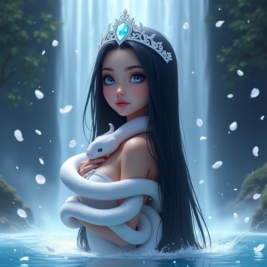 a beautiful woman with long, straight, jet-black hair, intense blue eyes, inside a waterfall from which white rose petals rain, she is with a white cobra, which wraps around her neck, a diamond crown on her head, with mist and white glow, the water reaches her waist. profile picture. animated digital art