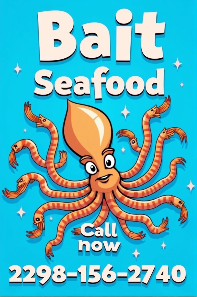 Image delivery ad with squid, shrimp, blue background, with the text 'Bait' on top and the number 2298-156-2740, below 'Seafood' and 'Call now' 