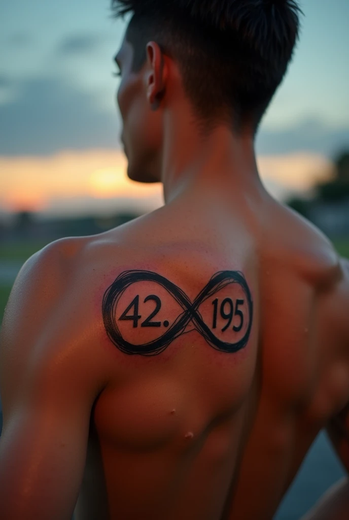 a tattoo image that contains the number 42.195 and the infinity symbol