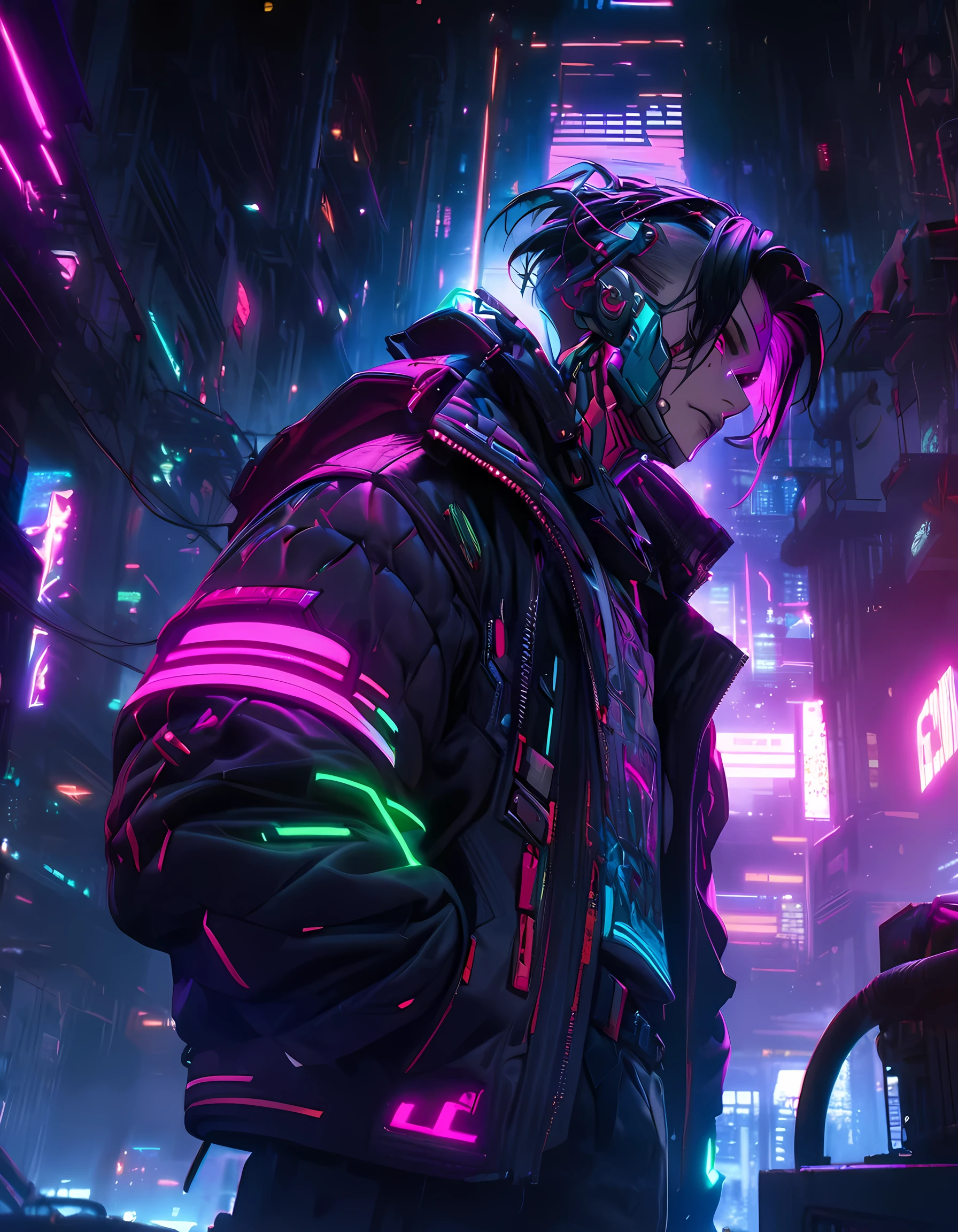 A cyberpunk adult man, punk clothes, cybernetics, vibrant colors, detailed face, intricate mechanical details, cinematic lighting, dystopian cityscape, advanced technology, neon glow, dark atmosphere, gritty urban environment, dramatic pose, high-tech prosthetics, glowing circuits, industrial setting, moody color palette, sharp contrasts, hyper-detailed rendering, masterpiece