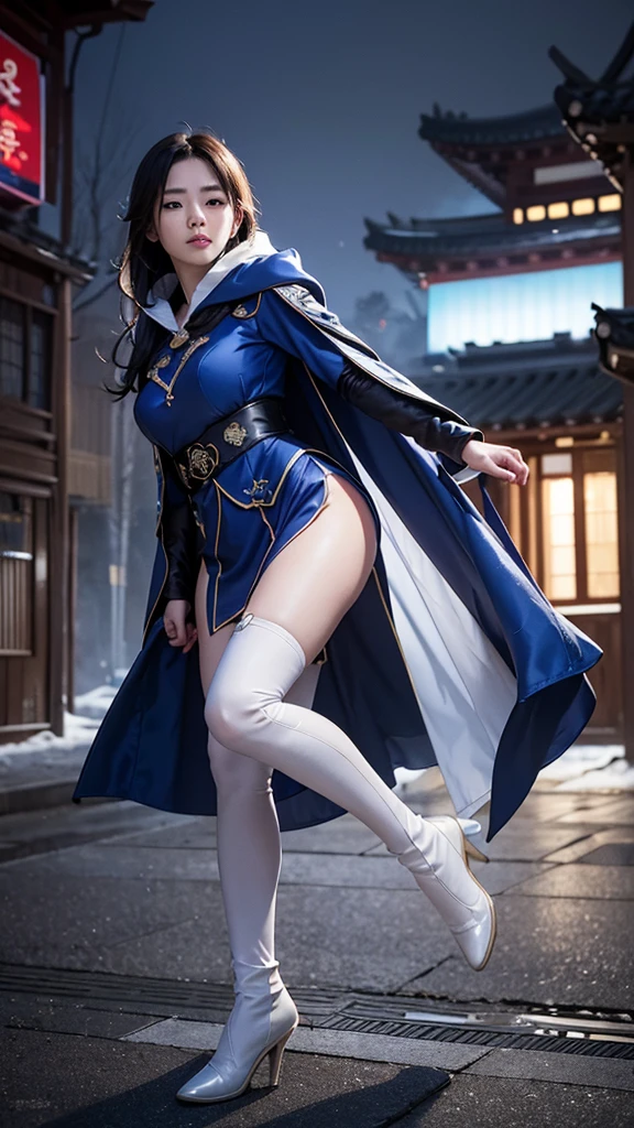 South korea assassin women mystery hooded on with modern royal Blue coat with long and wide sleeves with buttons and royal Blue cape and very high white heel over the knee and white gloves, As she reveals a small secret hidden blade coming from his palm , adding to the character's mysterious and agile appearance, with small movements of air on the cape, jump from roof to roof, in summer at night under the rain,medieval south korea house. sophisticated and highly detailed, ultra hd, realistic, hyper detailed, enhanced colours, ultra sharp focus, with vibrant, rich in details High quality, gorgeous, captivating, 8k, super detailed, stunning shadows, detailed lines, blood stain on coat and gloves, corpses in the street recently murdered