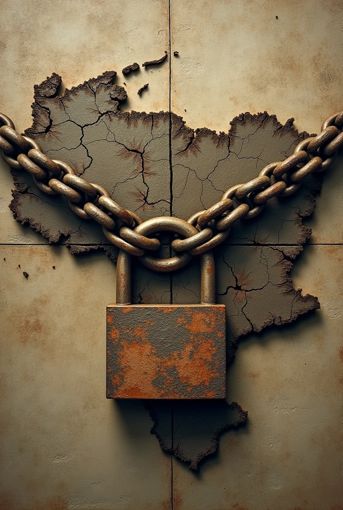 Map of Venezuela in the background, filled with bullet wounds, chained and with a large broken padlock