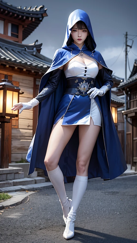 South korea assassin women mystery hooded on with modern royal Blue coat with long and wide sleeves with buttons and royal Blue cape and very high white heel over the knee and white gloves, As she reveals a small secret hidden blade coming from his palm , adding to the character's mysterious and agile appearance, with small movements of air on the cape, jump from roof to roof, in summer at night under the rain,medieval south korea house. sophisticated and highly detailed, ultra hd, realistic, hyper detailed, enhanced colours, ultra sharp focus, with vibrant, rich in details High quality, gorgeous, captivating, 8k, super detailed, stunning shadows, detailed lines, blood stain on coat and gloves, corpses in the street recently murdered
