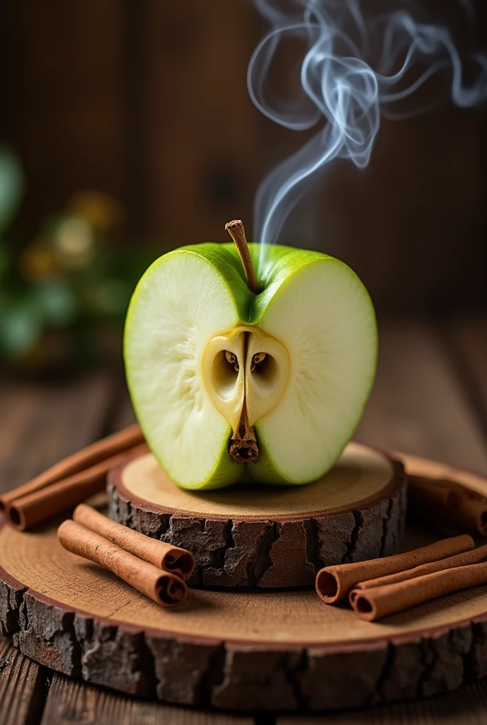 rock background with a sliced green apple, cinnamon and wood and forward a wooden base with smoke 