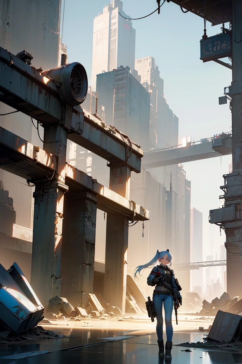 A post-apocalyptic scene in New York, 4 girls in front, 4 girls in retro-style outfits, tight blue jeans, blue,red,black,white clothes, ponytails, blue,white hair, holding light guns, fierce poses, (best quality,4k,8k,highres,masterpiece:1.2),ultra-detailed,(realistic,photorealistic,photo-realistic:1.37),extremely detailed girls, beautiful detailed eyes,beautiful detailed lips,extremely detailed eyes and face,long eyelashes,highly detailed environment,dystopian,cinematic lighting,dramatic shadows,gritty,grunge,muted colors,post-apocalyptic,abandoned city,rubble,concrete,neon signs,cyberpunk,retrofuturistic