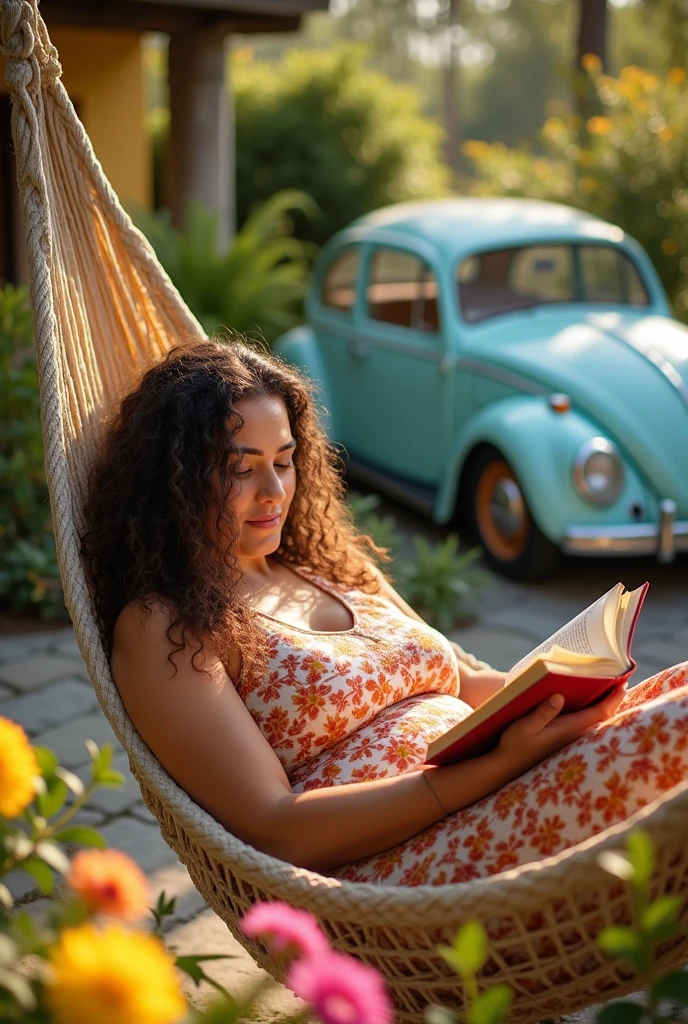 A slightly overweight brown Brazilian woman with long curly hair in a long floral dress in a hammock reading a book in front of her simple yellow house, with a light blue Beetle and a flower garden